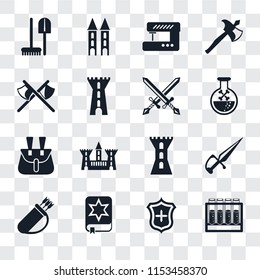 Set Of 16 transparent icons such as Alchemy, Shield, Spellbook, Quiver, Dagger, Tools, Axes, Belt pouch, Swords, transparency icon pack, pixel perfect