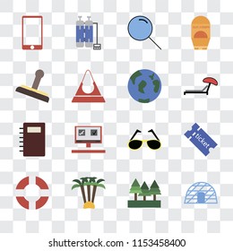 Set Of 16 transparent icons such as Igloo, Forest, Palm tree, Lifebuoy, Tickets, Phone, Stamp, Notebook, Travel, transparency icon pack, pixel perfect