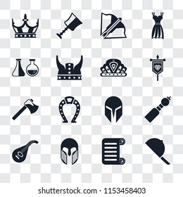 Set Of 16 transparent icons such as Hat, Scroll, Armour, Lute, Bladder pipe, Crown, Alchemy, Axe, transparency icon pack, pixel perfect