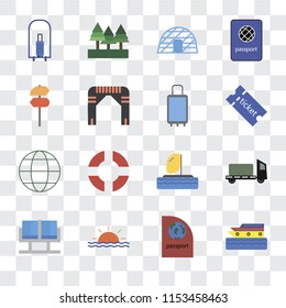 Set Of 16 transparent icons such as Cruise, Passport, Sunset, Waiting room, Trailer, Bellhop, Pointer, Globe, Suitcases, transparency icon pack, pixel perfect