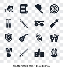 Set Of 16 transparent icons such as Helmet, Castle, Sword, Tunic, Wheelbarrow, Alchemy, Shield, Trebuchet, transparency icon pack, pixel perfect