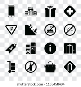 Set Of 16 transparent icons such as Turn, Tote bag, No alcohol, Trolley, Lift, Smarthphone, Parking, Price, wifi, transparency icon pack, pixel perfect