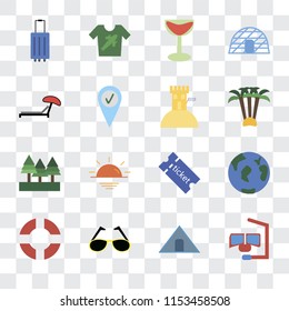 Set Of 16 transparent icons such as Snorkel, Tent, Sunglasses, Lifebuoy, Travel, Luggage, Sunbed, Forest, Sand castle, transparency icon pack, pixel perfect