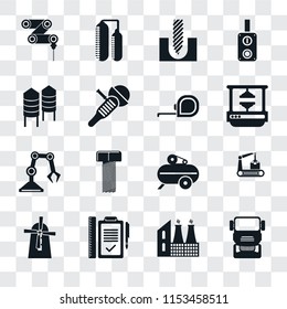 Set Of 16 transparent icons such as Truck, Factory, Plan, Mill, Conveyor, Drilling machine, Silo, Industrial robot, Measuring tape, transparency icon pack, pixel perfect