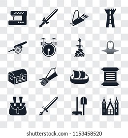 Set Of 16 transparent icons such as Church, Tools, Sword, Belt pouch, Scroll, Sewing machine, Cannon, Chest, Excalibur, transparency icon pack, pixel perfect