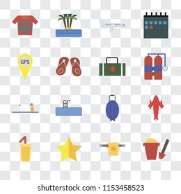 Set Of 16 transparent icons such as Sand bucket, Towel, Star, Cocktail, Airplane, Lifejacket, Gps, Room service, Suitcase, transparency icon pack, pixel perfect