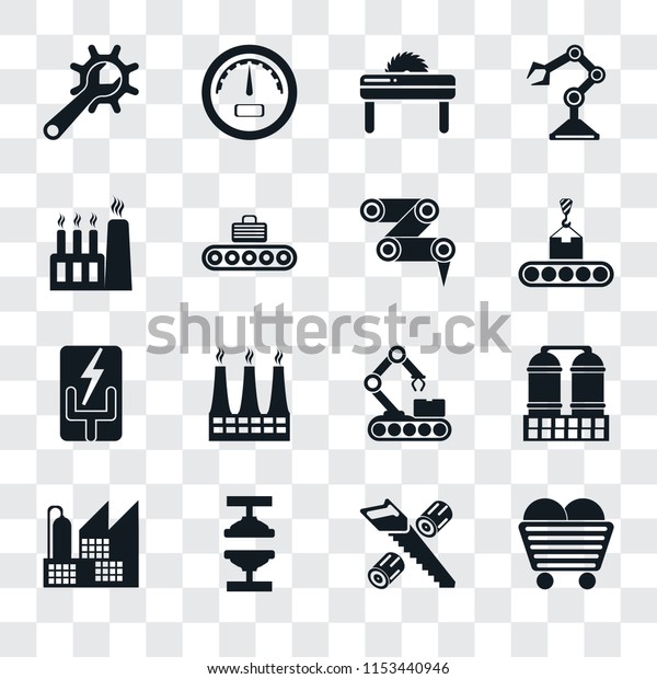 Set Of 16\
transparent icons such as Coal, Wood cutting, Machine press,\
Factory, Refinery, Maintenance, Electricity, Robot arm,\
transparency icon pack, pixel\
perfect