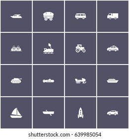 set of 16 transport elements such as motorboat, wagon, tractor, ship and other icons