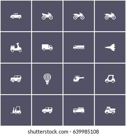 set of 16 transport elements such as pickup, helicopter, jet, lorry and other icons