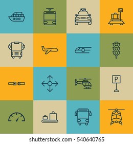 Set Of 16 Transport Icons. Includes Transport, Baggage, Stoplight And Other Symbols. Beautiful Design Elements. Set Of 16 Transport Icons. Includes Transport, Baggage, Stoplight And Other Symbols. Beautiful Design Elements.