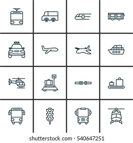 Set Of 16 Transport Icons. Includes Lorry, Vehicle, Safety Belt And Other Symbols. Beautiful Design Elements.