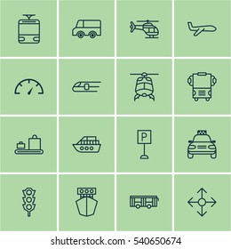 Set Of 16 Transport Icons. Includes Metro, Baggage Carousel, Road Pointer And Other Symbols. Beautiful Design Elements.