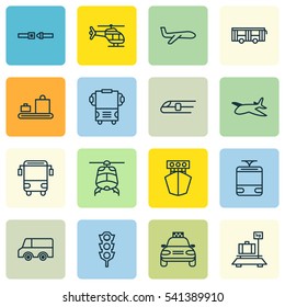 Set Of 16 Transport Icons. Includes Car Vehicle, College Transport, Stoplight And Other Symbols. Beautiful Design Elements.