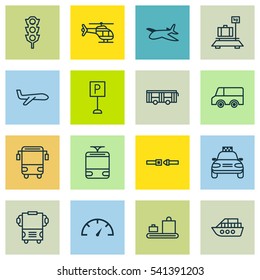 Set Of 16 Transport Icons. Includes Flight Vehicle, College Transport, Vehicle And Other Symbols. Beautiful Design Elements.