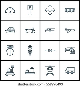 Set Of 16 Transport Icons. Includes Lorry, Baggage Carousel, Speed Checker And Other Symbols. Beautiful Design Elements.