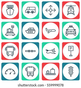 Set Of 16 Transport Icons. Includes Boat, Stoplight, Roadsign And Other Symbols. Beautiful Design Elements.