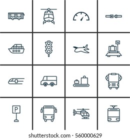 Set Of 16 Transport Icons. Includes Chopper, Baggage Carousel, Metro And Other Symbols. Beautiful Design Elements.
