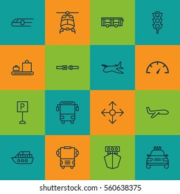 Set Of 16 Transport Icons. Includes Speed Checker, Stoplight, Roadsign And Other Symbols. Beautiful Design Elements.