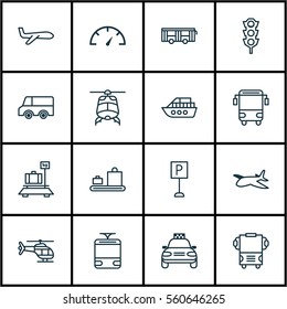 Set Of 16 Transport Icons. Includes Speed Checker, Baggage Carousel, Chopper And Other Symbols. Beautiful Design Elements.