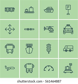 Set Of 16 Transport Icons. Includes Baggage, Road Pointer, College Transport And Other Symbols. Beautiful Design Elements.