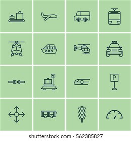 Set Of 16 Transport Icons. Includes Vehicle, Baggage, Roadsign And Other Symbols. Beautiful Design Elements.