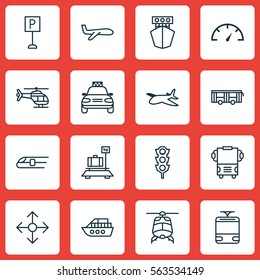 Set Of 16 Transport Icons. Includes Baggage, Flight Vehicle, Plane And Other Symbols. Beautiful Design Elements.
