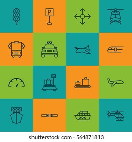 Set Of 16 Transport Icons. Includes Speed Checker, Stoplight, Safety Belt And Other Symbols. Beautiful Design Elements.
