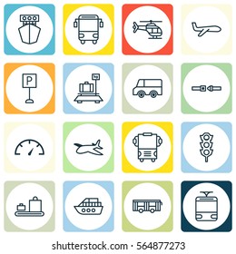 Conjunto De 16 Iconos De Transporte. Incluye Comprobador De Velocidad, Equipaje, Vehículo De Vuelo Y Otros Símbolos. Hermosos Elementos de diseño.