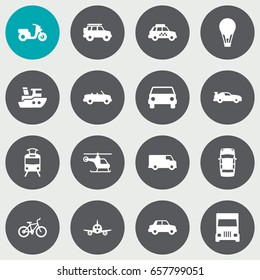Set Of 16 Transport Icons Set.Collection Of Coupe, Streetcar, Aircraft And Other Elements.