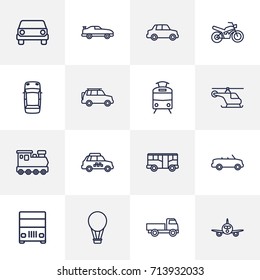 Set Of 16 Transport Outline Icons Set. Collection Of Front View, Cabriolet, Airplane And Other Elements.
