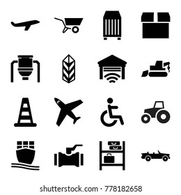 Set of 16 transportation filled icons such as cone barrier, plane, excavator, box, disabled, cargo, cargo container, cargo ship, garage, car, wheel barrow, tank