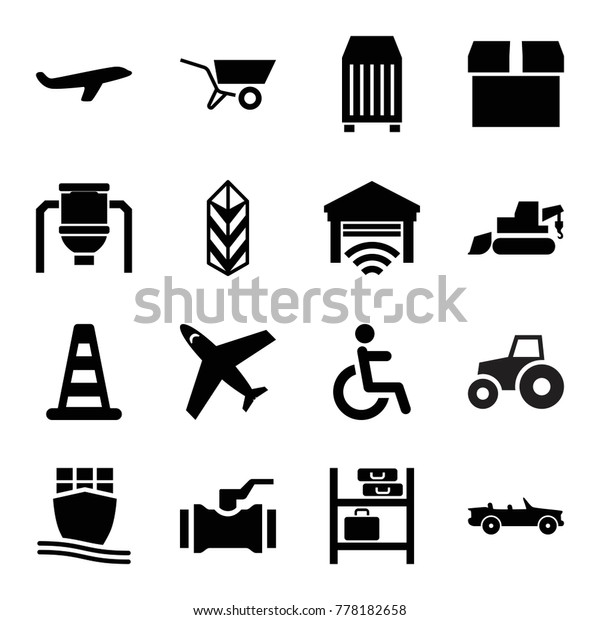 Set of 16 transportation\
filled icons such as cone barrier, plane, excavator, box, disabled,\
cargo, cargo container, cargo ship, garage, car, wheel barrow,\
tank