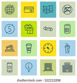 Set Of 16 Transportation Icons. Can Be Used For Web, Mobile, UI And Infographic Design. Includes Elements Such As Building, Drink, Transfer And More.