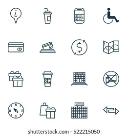 Set Of 16 Transportation Icons. Can Be Used For Web, Mobile, UI And Infographic Design. Includes Elements Such As Accessibility, Disabled, Calculator And More.