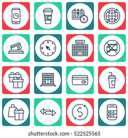 Set Of 16 Transportation Icons. Can Be Used For Web, Mobile, UI And Infographic Design. Includes Elements Such As Phone, Appointment, Dollar And More.
