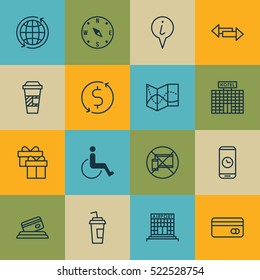 Set Of 16 Transportation Icons. Can Be Used For Web, Mobile, UI And Infographic Design. Includes Elements Such As Direction, Gift, Transfer And More.