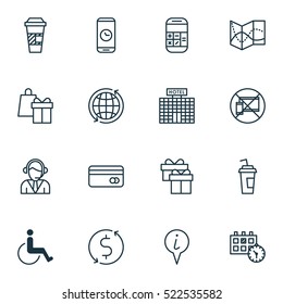 Set Of 16 Transportation Icons. Can Be Used For Web, Mobile, UI And Infographic Design. Includes Elements Such As Credit, Paper, Drink And More.