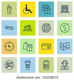 Set Of 16 Transportation Icons. Can Be Used For Web, Mobile, UI And Infographic Design. Includes Elements Such As Cup, Mobile, Airport And More.