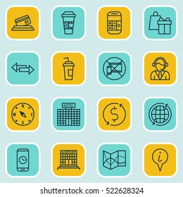 Set Of 16 Transportation Icons. Can Be Used For Web, Mobile, UI And Infographic Design. Includes Elements Such As Hotel, No, Transfer And More.