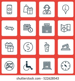 Set Of 16 Transportation Icons. Can Be Used For Web, Mobile, UI And Infographic Design. Includes Elements Such As Info, Airport, No And More.