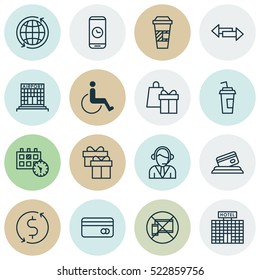 Set Of 16 Transportation Icons. Can Be Used For Web, Mobile, UI And Infographic Design. Includes Elements Such As Call, Calendar, Hotel And More.