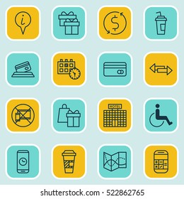 Set Of 16 Transportation Icons. Can Be Used For Web, Mobile, UI And Infographic Design. Includes Elements Such As Gift, Calendar, Pointer And More.