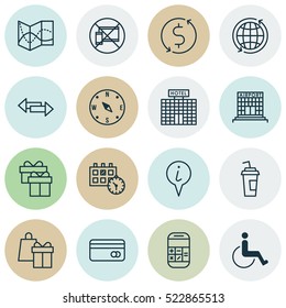 Set Of 16 Transportation Icons. Can Be Used For Web, Mobile, UI And Infographic Design. Includes Elements Such As Compass, Box, Calculator And More.