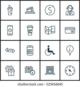 Set Of 16 Transportation Icons. Can Be Used For Web, Mobile, UI And Infographic Design. Includes Elements Such As Building, Calculator, Phone And More.