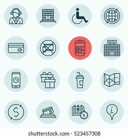 Set Of 16 Transportation Icons. Can Be Used For Web, Mobile, UI And Infographic Design. Includes Elements Such As Accessibility, Device, Exchange And More.