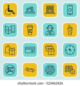 Set Of 16 Transportation Icons. Can Be Used For Web, Mobile, UI And Infographic Design. Includes Elements Such As Cup, Phone, Holiday And More.