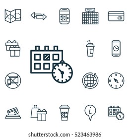 Set Of 16 Transportation Icons. Can Be Used For Web, Mobile, UI And Infographic Design. Includes Elements Such As Arrows, Crossroad, Date And More.