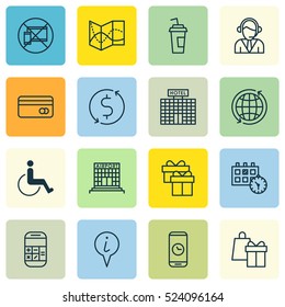 Set Of 16 Transportation Icons. Can Be Used For Web, Mobile, UI And Infographic Design. Includes Elements Such As Device, Holiday, Around And More.