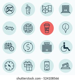 Set Of 16 Transportation Icons. Can Be Used For Web, Mobile, UI And Infographic Design. Includes Elements Such As Box, Calendar, Building And More.