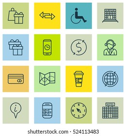Set Of 16 Transportation Icons. Can Be Used For Web, Mobile, UI And Infographic Design. Includes Elements Such As Office, Box, Compass And More.